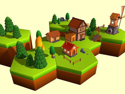 Charming Scenic Landscape With Green Trees Cozy Houses And Windmill On Rolling Hills 3d model