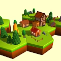 Charming Scenic Landscape With Green Trees Cozy Houses And Windmill On Rolling Hills