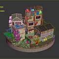 Cartoon Style Miniature Village Scene With Colorful Houses Green Vines And Small Yards