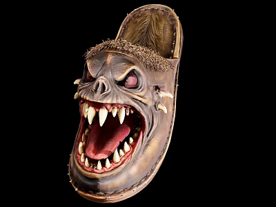 Halloween Themed Skull Shaped Slippers With Open Mouth Sharp Teeth Red Eyes And Fuzzy Trim 3d model