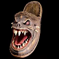 Halloween Themed Skull Shaped Slippers With Open Mouth Sharp Teeth Red Eyes And Fuzzy Trim