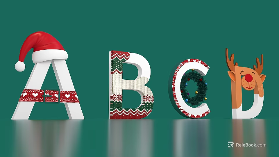 3D Christmas Letters Decorated With Santa Hat Reindeer Knitted Patterns And String Lights 3d model 