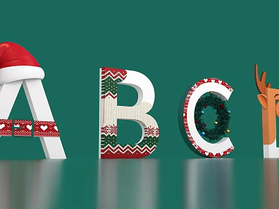 3D Christmas Letters Decorated With Santa Hat Reindeer Knitted Patterns And String Lights 3d model