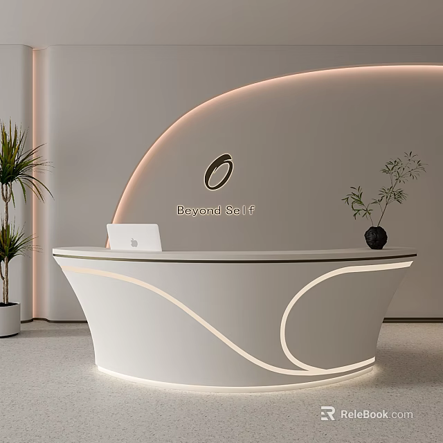 Modern White Curved Reception Desk With LED Lighting Apple Laptop And Green Plant 3d model 