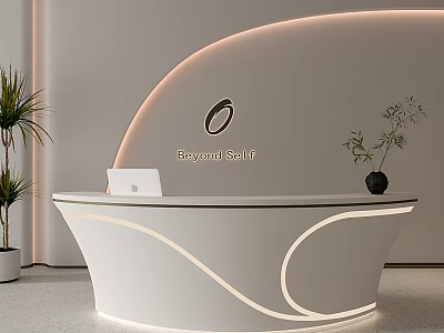 Modern White Curved Reception Desk With LED Lighting Apple Laptop And Green Plant 3d model