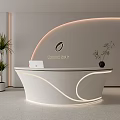 Modern White Curved Reception Desk With LED Lighting Apple Laptop And Green Plant