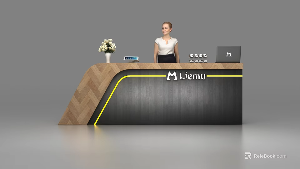 Elegant Reception Desk With Herringbone Wood Black Panel Yellow Lines Liemu Logo Vase And Laptop 3d model 