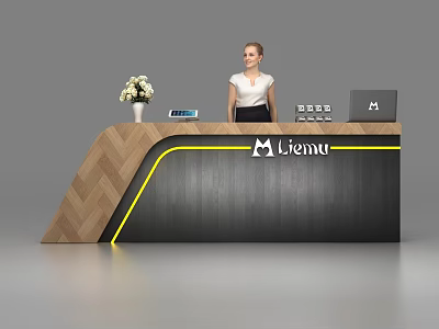 Elegant Reception Desk With Herringbone Wood Black Panel Yellow Lines Liemu Logo Vase And Laptop 3d model