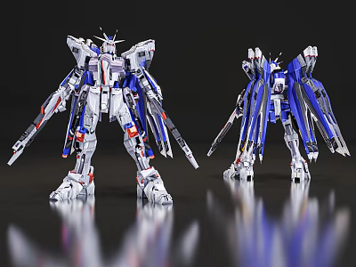 Two Gundam Models White Red Blue Color Mechanical Design Detailed Weapons Reflective Surface 3d model