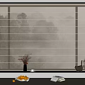 Modern Beige Window Blinds with Dried Flower Vase Oranges Book and Cat on Windowsill