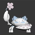 Cute Cartoon Creature Character With Light Blue Hair Holding Pink Flower and Petal-shaped Body