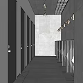 Modern Public Toilet With Gray Walls Black Doors Urinals And Long Corridor