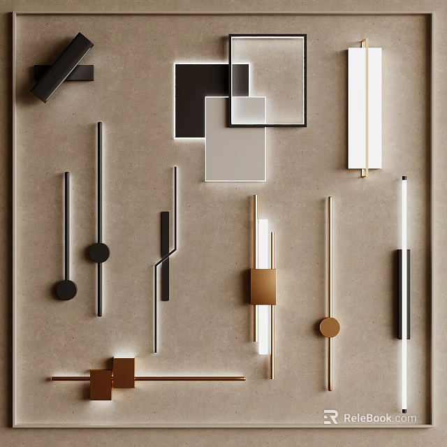 Modern Wall Lamps Collection With Geometric Metal Frames In Gold Black White And Gray Tones 3d model 