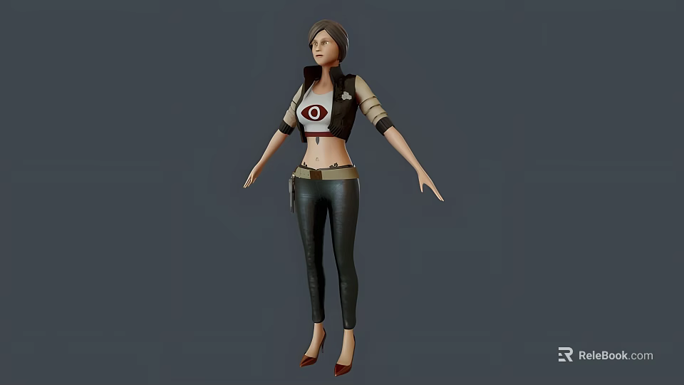 Woman in Crop Top with Eye Graphic Leather Jacket Leather Pants Red High Heels Short Hair Standing 3d model 