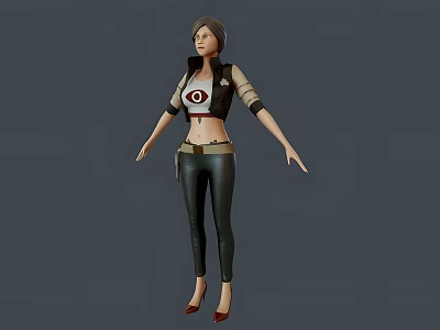 Woman in Crop Top with Eye Graphic Leather Jacket Leather Pants Red High Heels Short Hair Standing 3d model