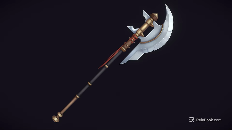 Medieval Double Bladed Battle Axe With Black Gold Handle Red Decorative Strap And Metal Blade 3d model 
