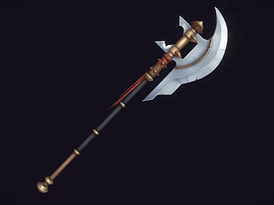 Medieval Double Bladed Battle Axe With Black Gold Handle Red Decorative Strap And Metal Blade 3d model