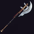 Medieval Double Bladed Battle Axe With Black Gold Handle Red Decorative Strap And Metal Blade