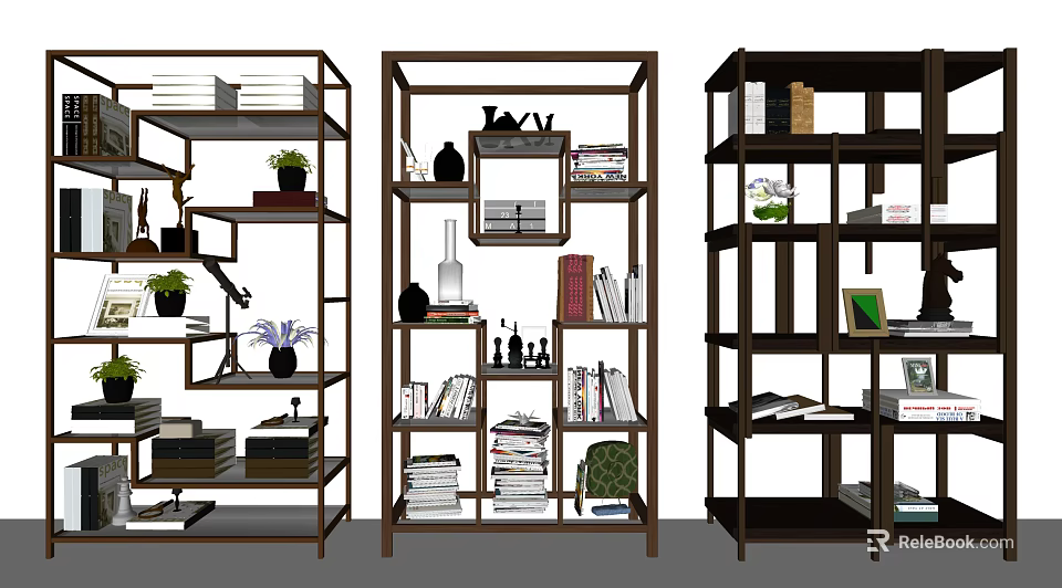 Stylish Three Etageres with Various Designs Displaying Books Plants Tea Sets Vases and Decorative Items 3d model 