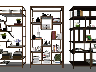 Stylish Three Etageres with Various Designs Displaying Books Plants Tea Sets Vases and Decorative Items 3d model