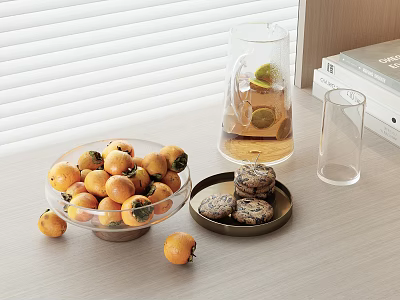 Ripe Orange Fruits in Glass Bowl on Wooden Table with Scattered Pieces and Glass Pitcher 3d model