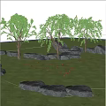 Natural Plant Combination With Green Leaf Trees Red Flowers Grass Stones Hills And Blue Sky