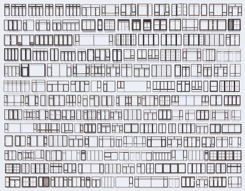 Different Window Designs With Various Shapes In Grid Pattern Arrangement 3d model