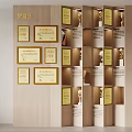 Wall Mounted Wooden Display Shelves with Honor Certificates and Mannequin Heads