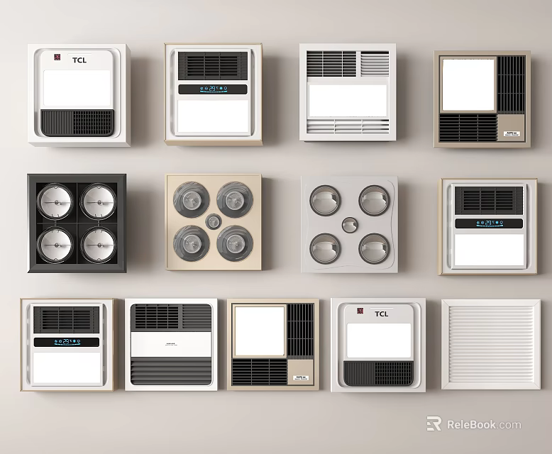 Various Ceiling Mounted Electrical Appliances Featuring TCL Brand And Diverse Panel Designs 3d model