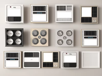 Various Ceiling Mounted Electrical Appliances Featuring TCL Brand And Diverse Panel Designs 3d model