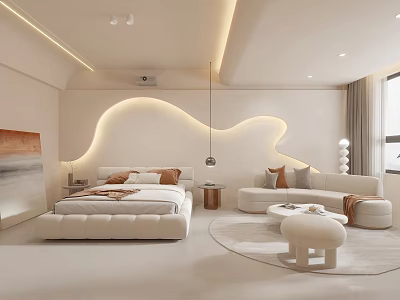 Modern Minimalist Bedroom Interior Design With Curved Wall Ambient Lighting And White Furniture 3d model