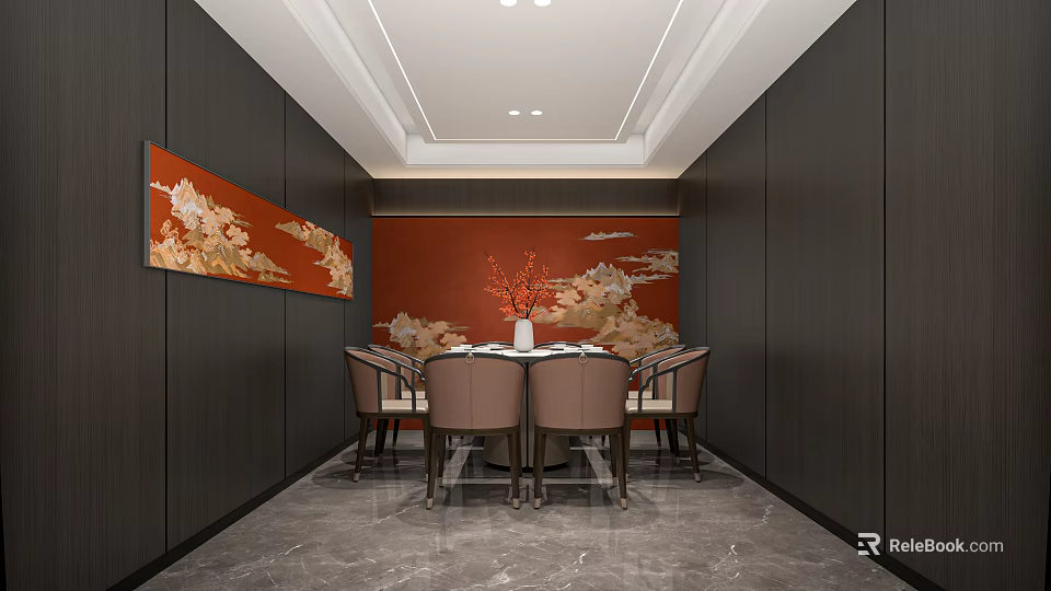 Private Dining Box With Dark Walls Red Backdrop Cloud Floral Patterns And Marble Floor 3d model