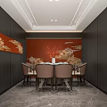 Private Dining Box With Dark Walls Red Backdrop Cloud Floral Patterns And Marble Floor 3d model