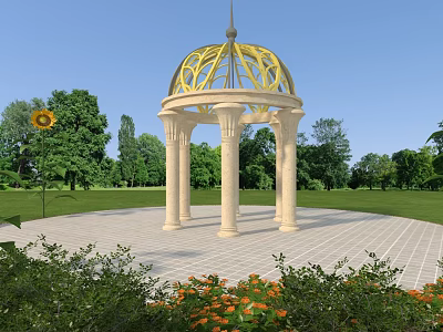 Garden Gazebo With Golden Dome Stone Columns Green Lawn Trees And Flowers 3d model