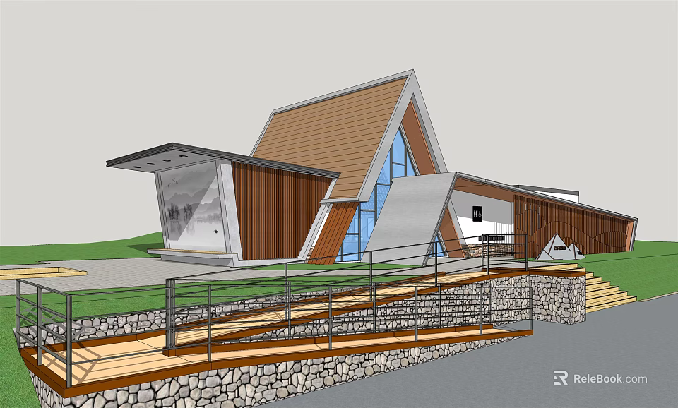 Modern Architectural Building With Unique Roof Design Wooden Elements Glass Windows Stone Steps And Railings 3d model 