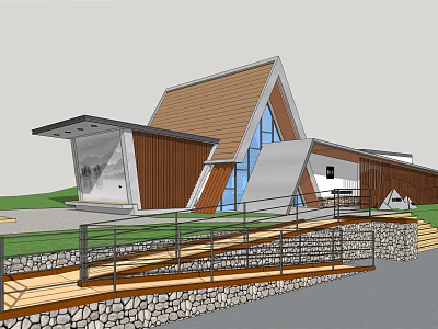Modern Architectural Building With Unique Roof Design Wooden Elements Glass Windows Stone Steps And Railings 3d model
