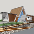 Modern Architectural Building With Unique Roof Design Wooden Elements Glass Windows Stone Steps And Railings