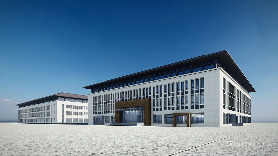 Modern Office Building With Glass Curtain Wall And Spacious Front Plaza Entrance 3d model 