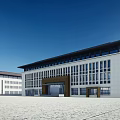 Modern Office Building With Glass Curtain Wall And Spacious Front Plaza Entrance