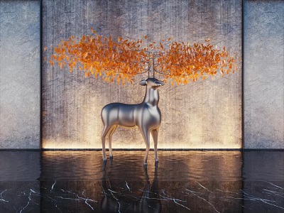 Modern Silver Deer Sculpture With Orange Decorative Accents In Contemporary Space Design 3d model