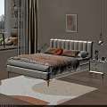 White Upholstered Headboard Double Bed with Gold Legs and Orange Pillow in Modern Bedroom