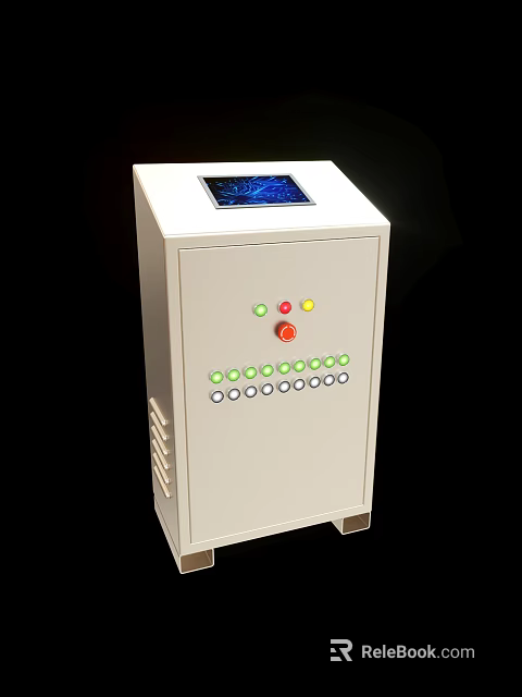 White Industrial Control Cabinet With Digital Display Screen Control Buttons Indicator Lights And Ventilation Grilles 3d model 