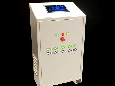 White Industrial Control Cabinet With Digital Display Screen Control Buttons Indicator Lights And Ventilation Grilles 3d model