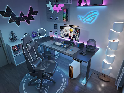 Ergonomic Gaming Room Setup With RGB Lighting Computer Desk And Decorative Elements 3d model