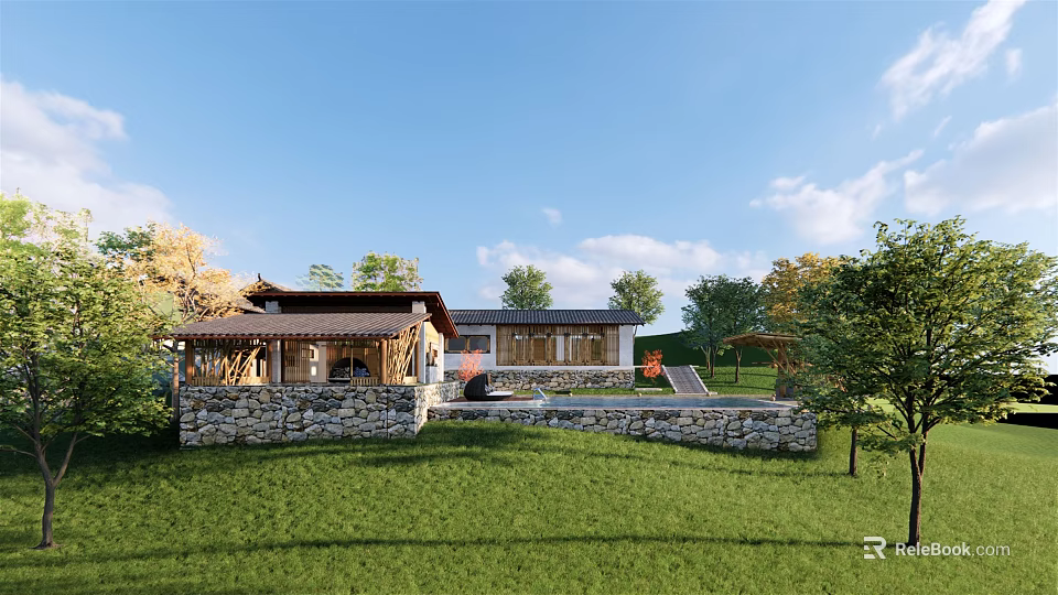 Traditional Guesthouse Building With Stone Walls Wooden Roof Surrounded by Green Lawn and Trees 3d model 
