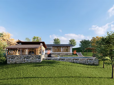 Traditional Guesthouse Building With Stone Walls Wooden Roof Surrounded by Green Lawn and Trees 3d model