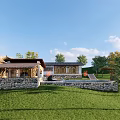 Traditional Guesthouse Building With Stone Walls Wooden Roof Surrounded by Green Lawn and Trees