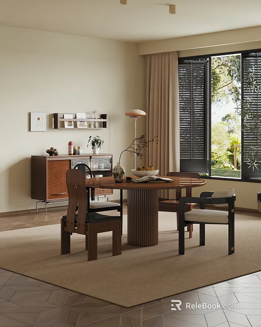 Cozy Interior Design With Round Dining Table Wooden Chairs And Window Blinds 3d model 