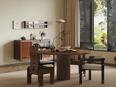 Cozy Interior Design With Round Dining Table Wooden Chairs And Window Blinds 3d model