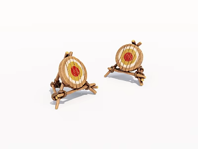 Two Handcrafted Wooden Archery Targets Displayed With Red Yellow Bullseye On Stands 3d model